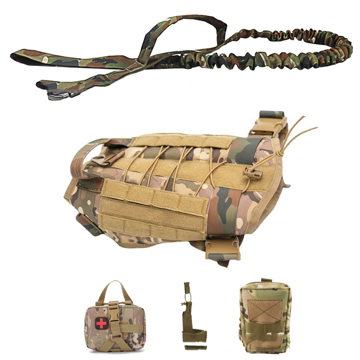 Outdoor Dog Vest set in woodland camouflage with a tan tactical harness, coiled leash, and matching utility pouches.