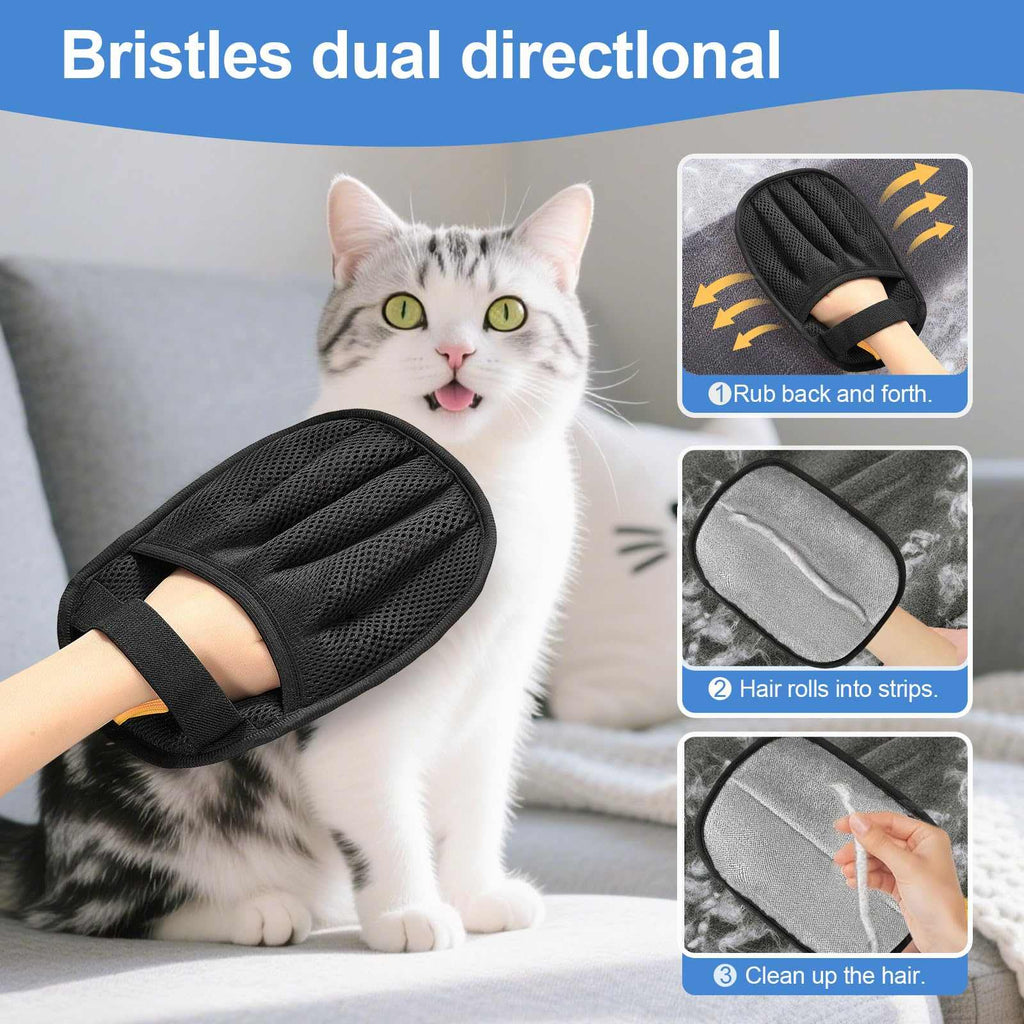 Pet Grooming & Cleaning Glove in black breathable mesh with raised directional bristles, shown brushing a white and gray cat