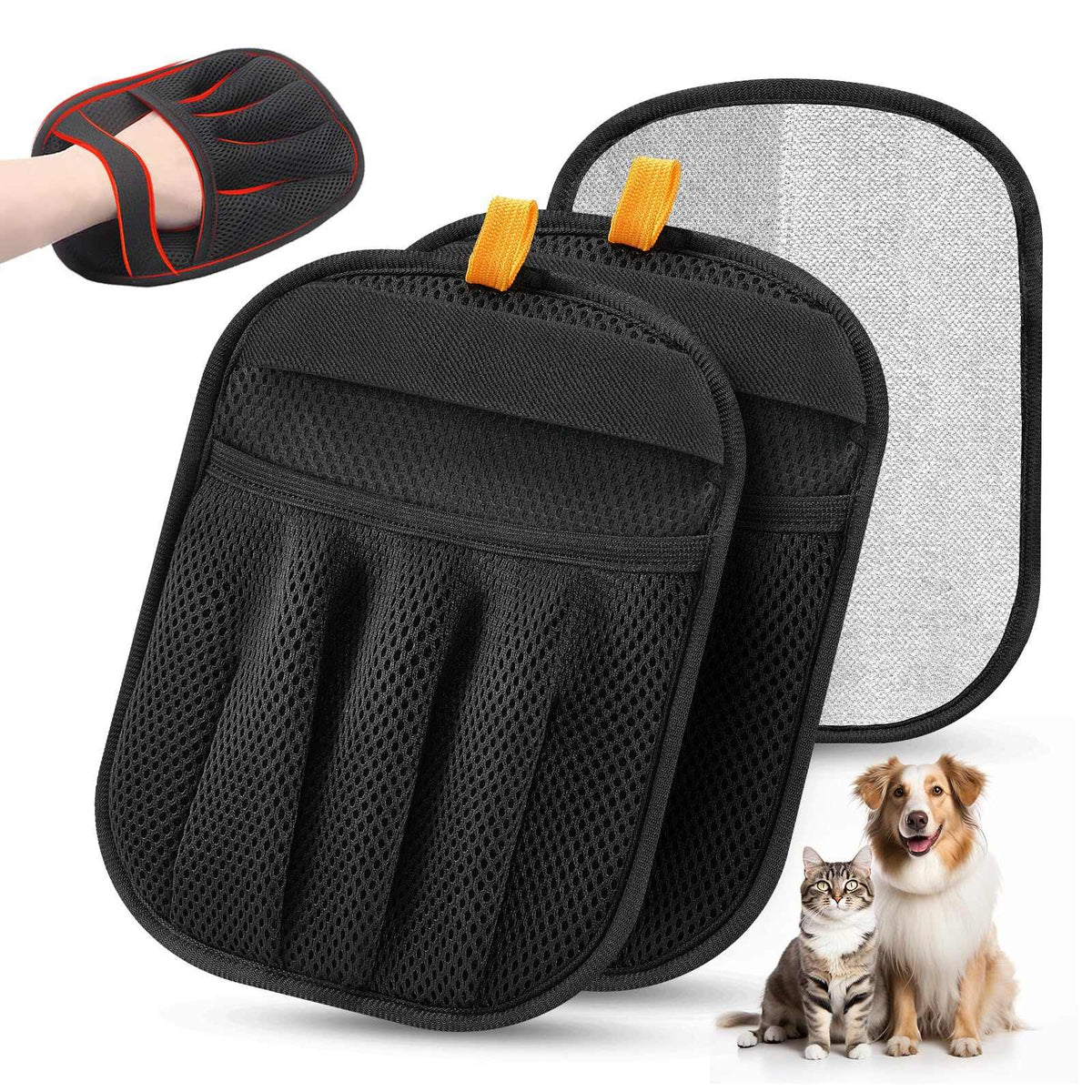 Pet Grooming & Cleaning Glove set in black breathable mesh with five-finger design, orange tabs and a lint-catching side