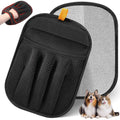 Pet Grooming & Cleaning Glove in black mesh with orange trim, shown beside a gray fabric lint-removal pad