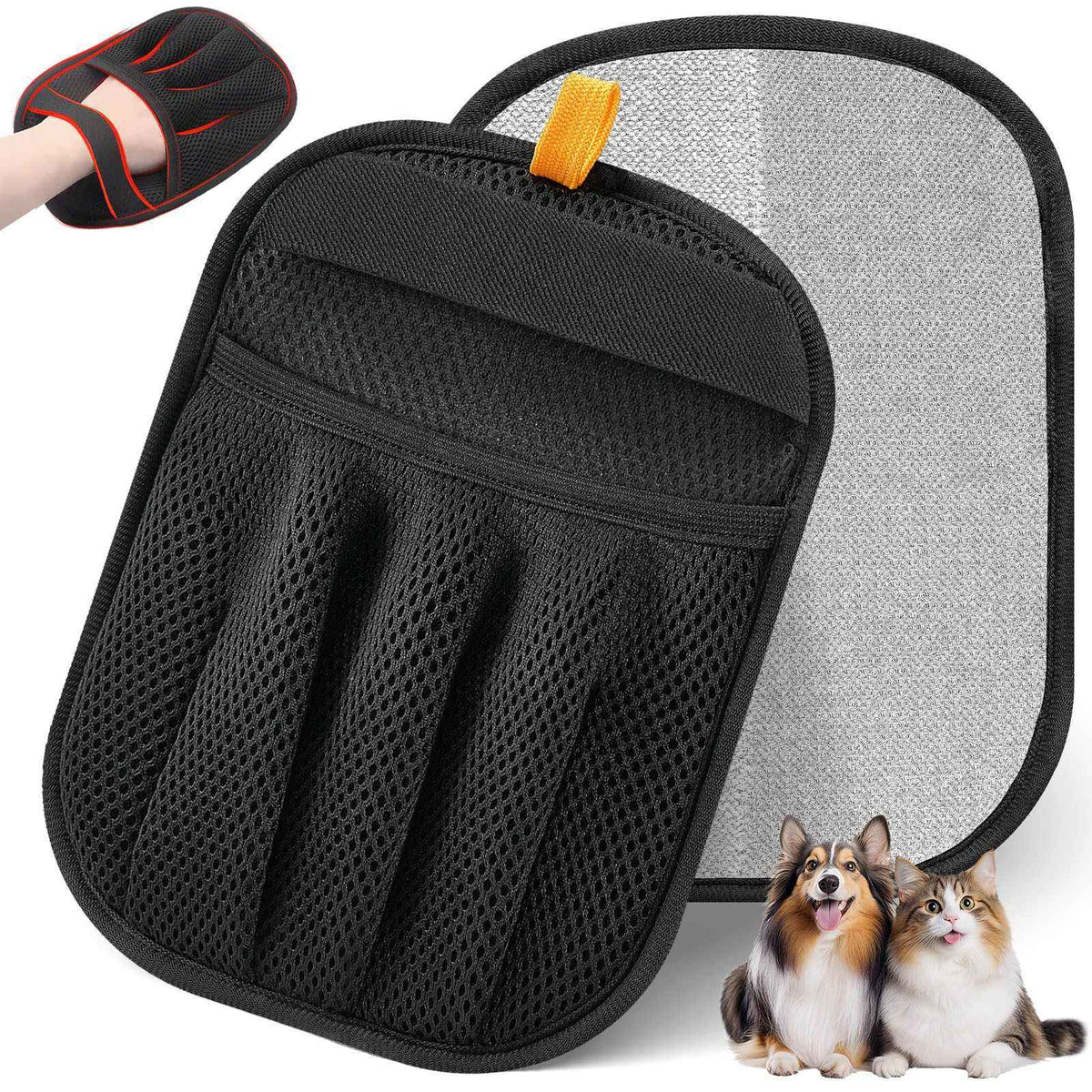 Pet Grooming & Cleaning Glove in black mesh with orange trim, shown beside a gray fabric lint-removal pad