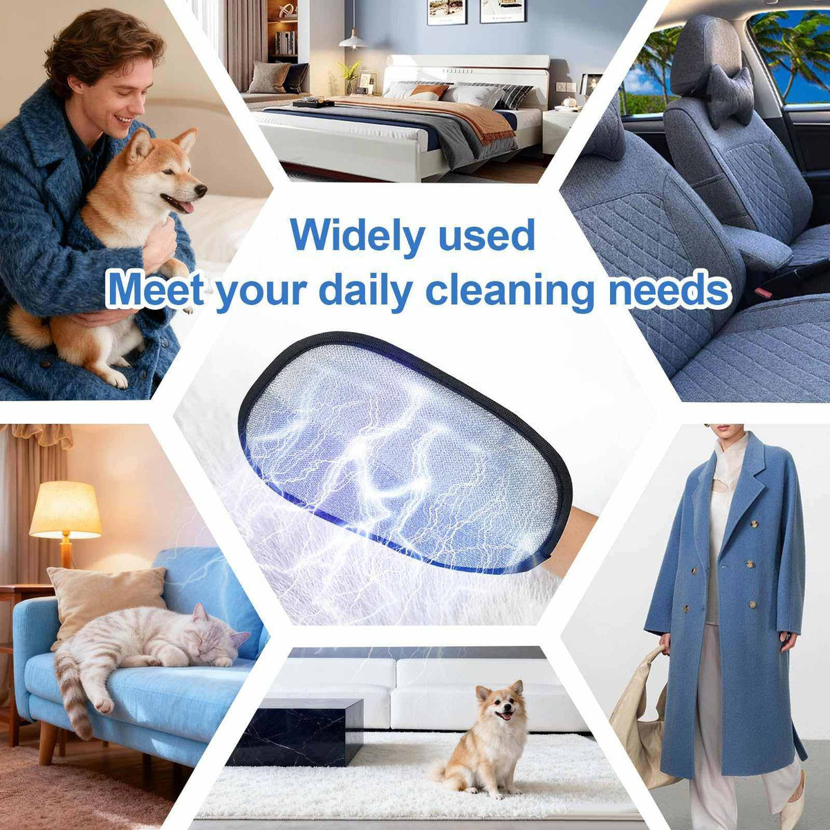 Pet Grooming & Cleaning Glove with a blue-trimmed mesh surface, shown alongside clothing, car seats and furniture it can clean.