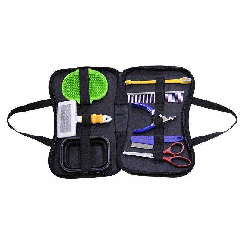 Pet Grooming Tools Set in a black zip case with green, purple, blue and red grooming tools and stainless steel blades