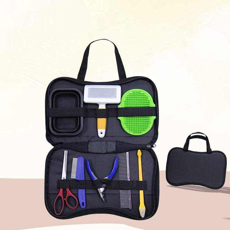 Pet Grooming Tools Set with black zippered carrying case, green grooming brush, and assorted metal and plastic pet care tools
