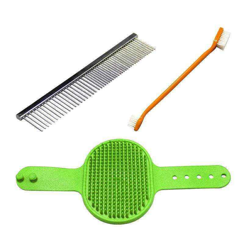 Pet Grooming Tools Set with a silver metal comb, orange double-ended brush and bright green rubber grooming mitt
