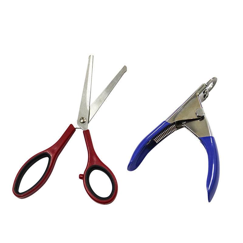 Pet Grooming Tools Set with red-handled stainless steel scissors and blue-handled metal nail clippers