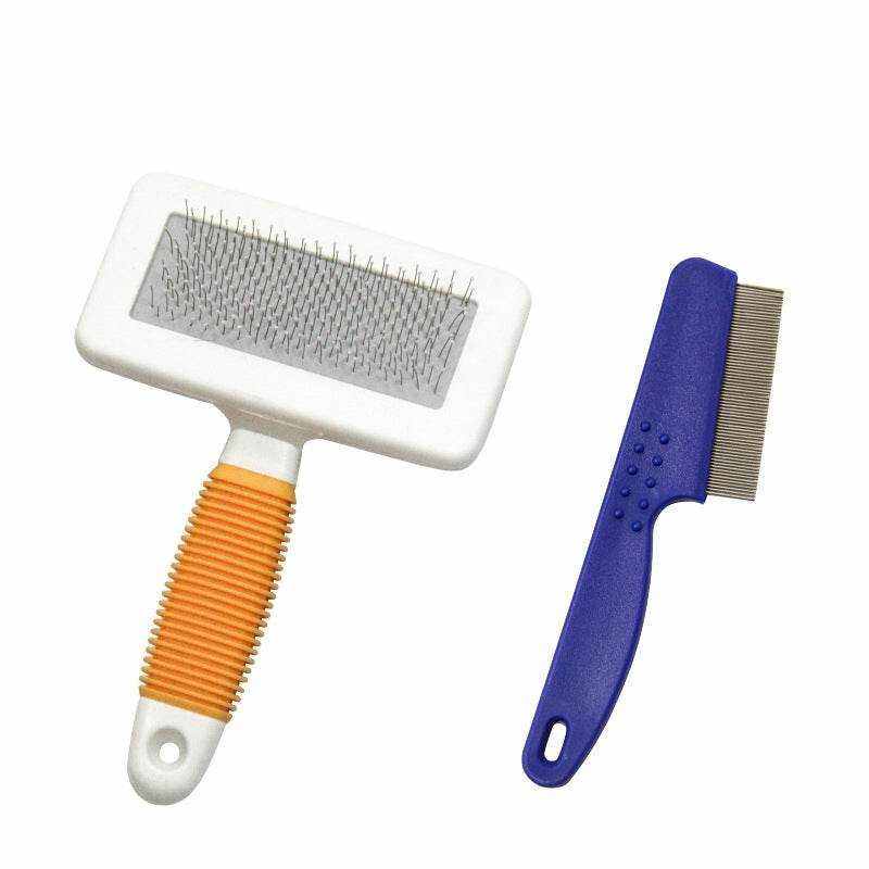 Pet Grooming Tools Set with a white metal-pin brush featuring an orange ribbed handle and a blue fine-tooth comb