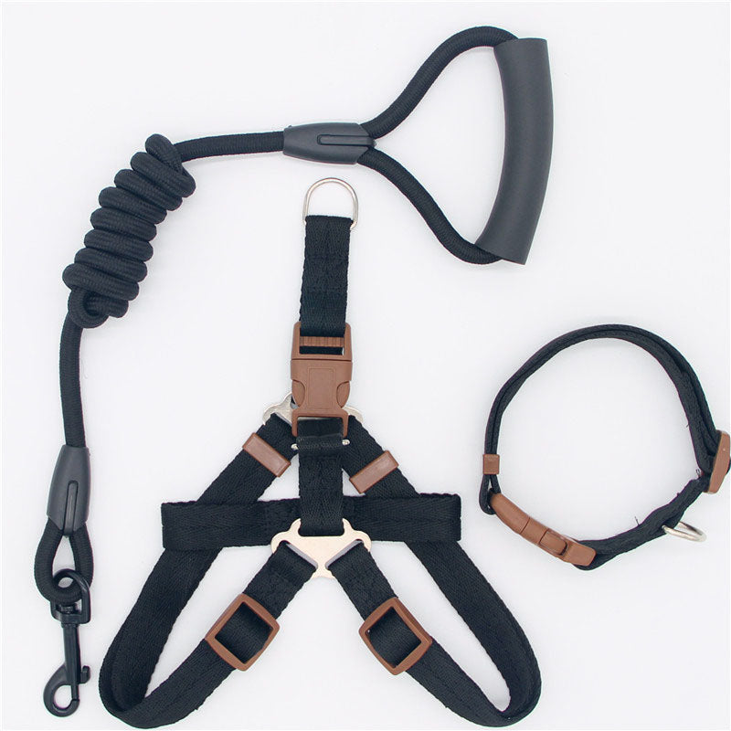 Pet Supplies Simple Dog Leash set with black nylon leash and harness, brown trim, padded handle and coiled section