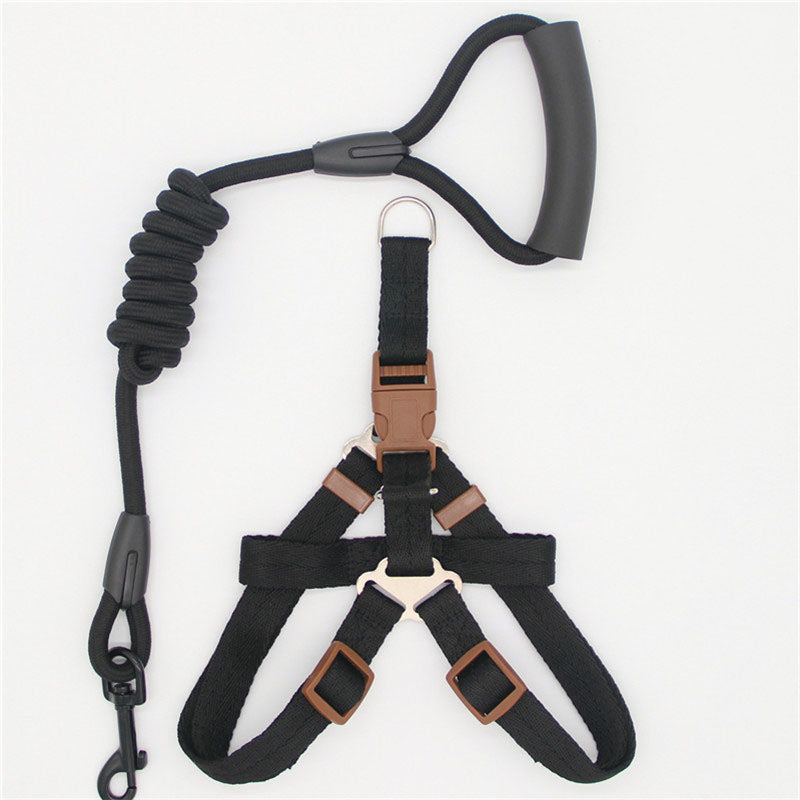 Pet Supplies Simple Dog Leash set with black nylon coiled lead and matching harness, featuring brown trim and padded handle
