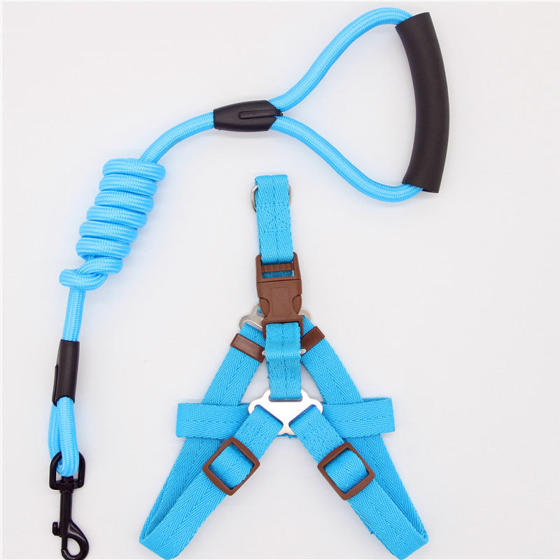 Pet Supplies Simple Dog Leash with bright blue nylon leash and matching adjustable harness, brown trim and black handle