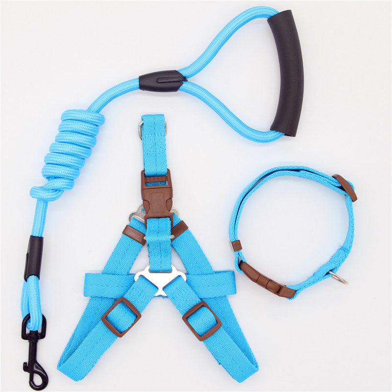 Pet Supplies Simple Dog Leash set in bright blue nylon with brown-trimmed harness and collar, coiled leash and black handle