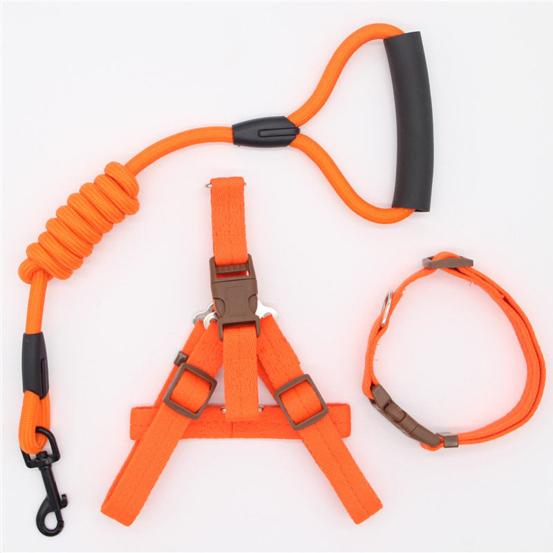 Pet Supplies Simple Dog Leash set in bright orange nylon, featuring a coiled lead, padded handle, harness and adjustable collar