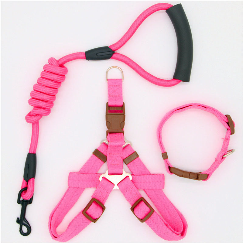 Pet Supplies Simple Dog Leash in bright pink nylon, shown with matching harness and collar, brown trim and black handle