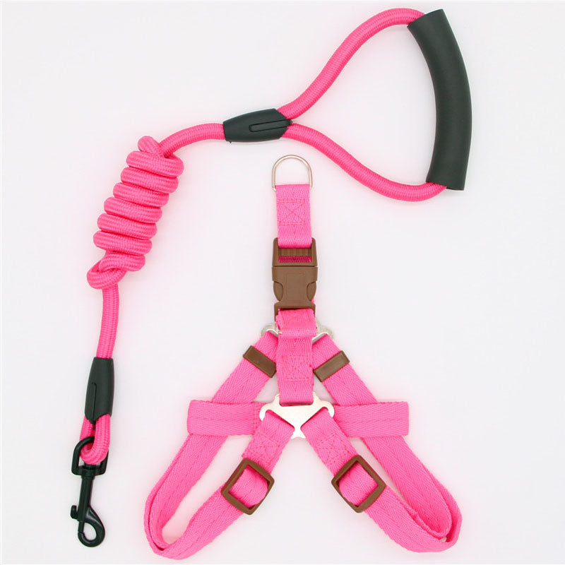 Pet Supplies Simple Dog Leash in bright pink nylon, with a coiled rope lead, black handle and matching adjustable harness