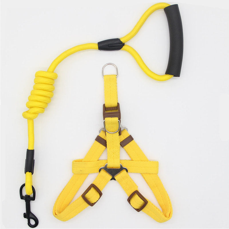 Pet Supplies Simple Dog Leash in bright yellow nylon, shown with matching adjustable harness, black handle and metal clasp.