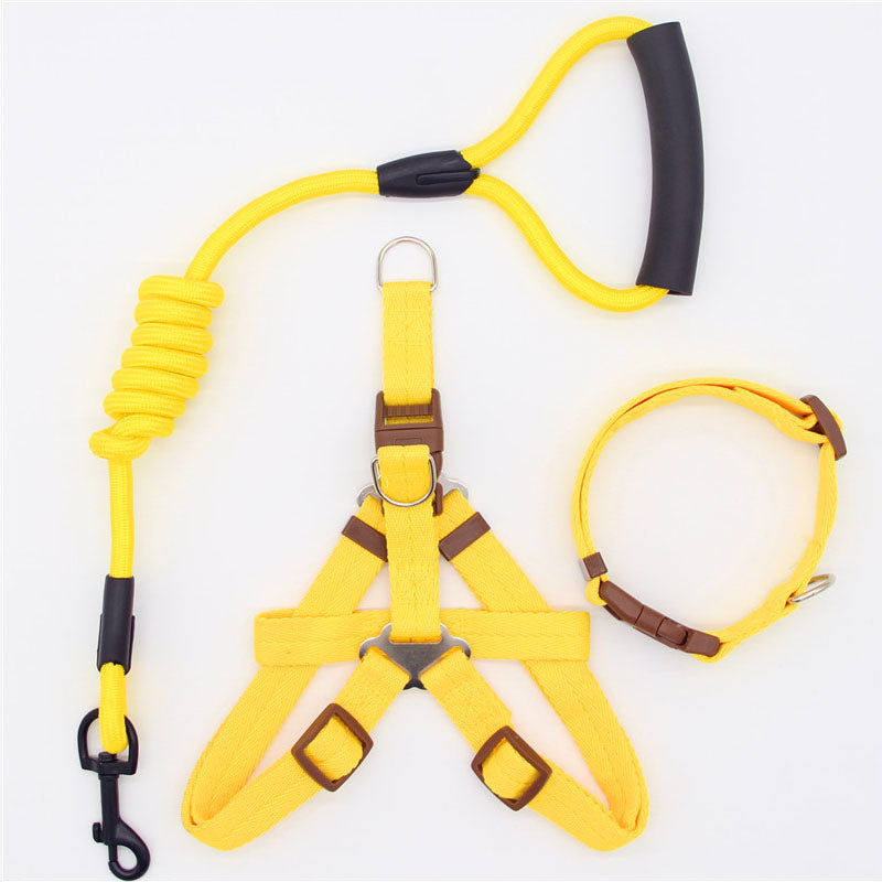 Pet Supplies Simple Dog Leash with bright yellow nylon rope, black padded handle, matching harness and collar