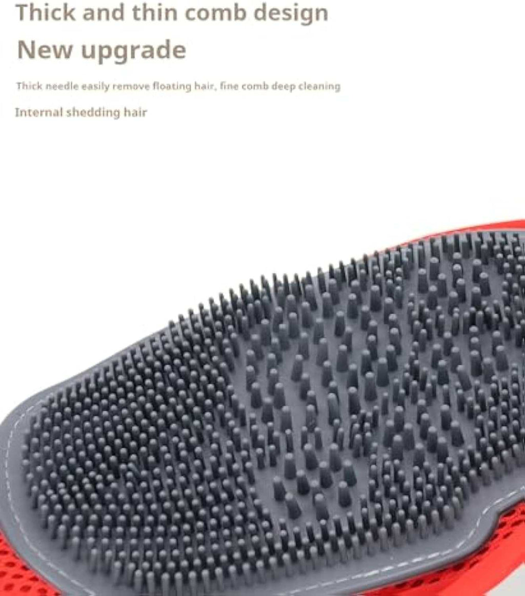 Pet Wash & Hair Removal Mitt with a gray rubber grooming surface, dense short and long bristles, and red edging