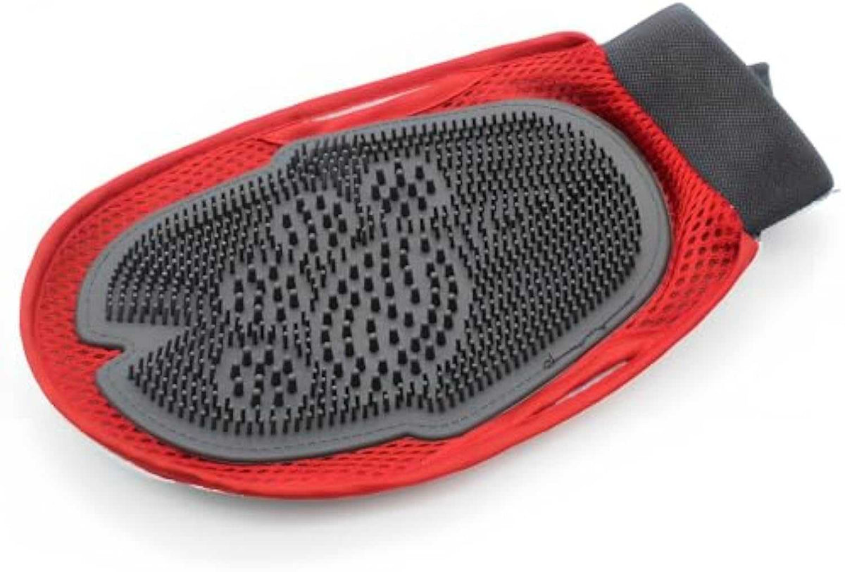 Pet Wash & Hair Removal Mitt in red mesh with a gray rubber grooming surface covered in short bristles and black wrist cuff