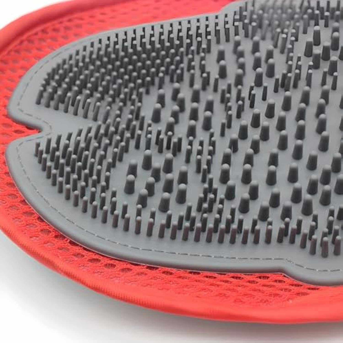 Pet Wash & Hair Removal Mitt with a bright red mesh fabric cuff and a gray rubber surface covered in grooming nubs