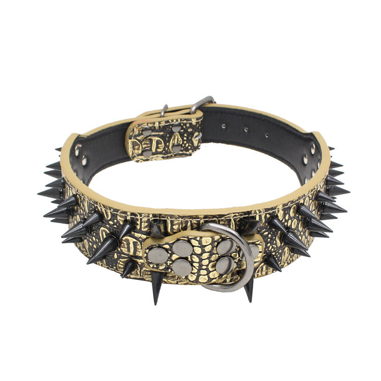 Reinforced Pet Collar in black and gold textured PU with a studded band, pointed spikes, and metal buckle