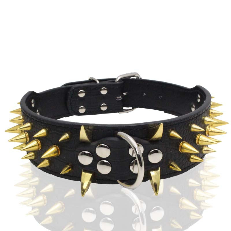 Reinforced Pet Collar in black PU material with rows of gold spikes, silver rivets, and a metal D-ring