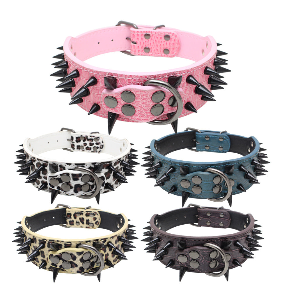 Reinforced Pet Collar set in pink, white, blue, tan, and dark brown textured material with metal studs and spikes