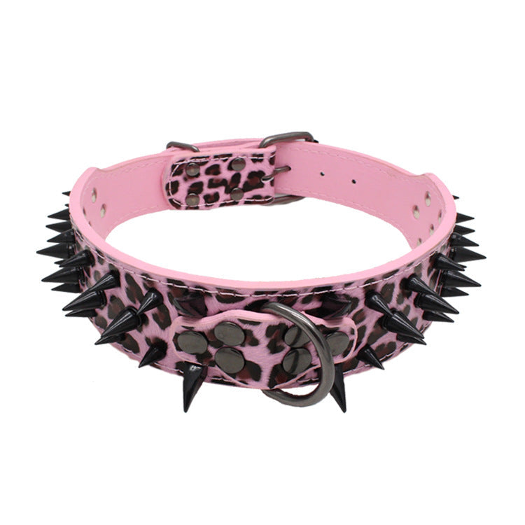 Reinforced Pet Collar in pink leopard-print PU with a perforated strap, black spikes, metal ring and buckle