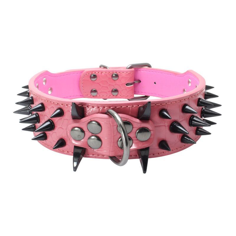 Reinforced Pet Collar in pink textured material with black conical studs, silver-tone rings and metal buckle