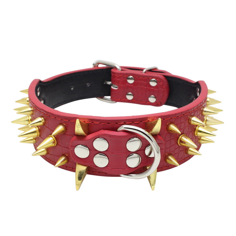 Reinforced Pet Collar in red textured PU with black lining, gold spikes, silver studs and a metal buckle