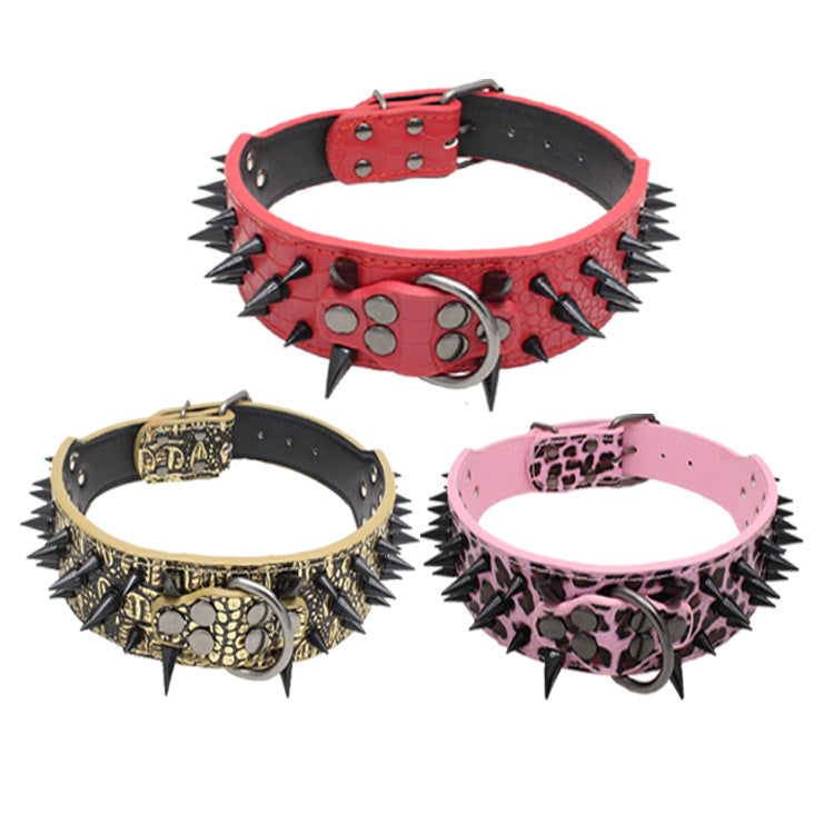 Reinforced Pet Collar set in red, gold, and pink PU with black spikes, patterned panels, and metal buckles.