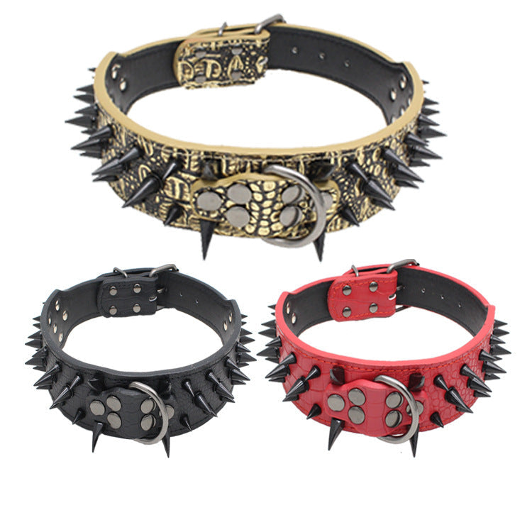 Reinforced Pet Collar in black, red, and gold-toned PU with metal studs, spikes, and an adjustable buckle