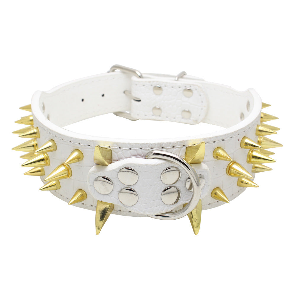 Reinforced Pet Collar in white textured PU with gold cone studs, a silver buckle and reinforced adjustment plate