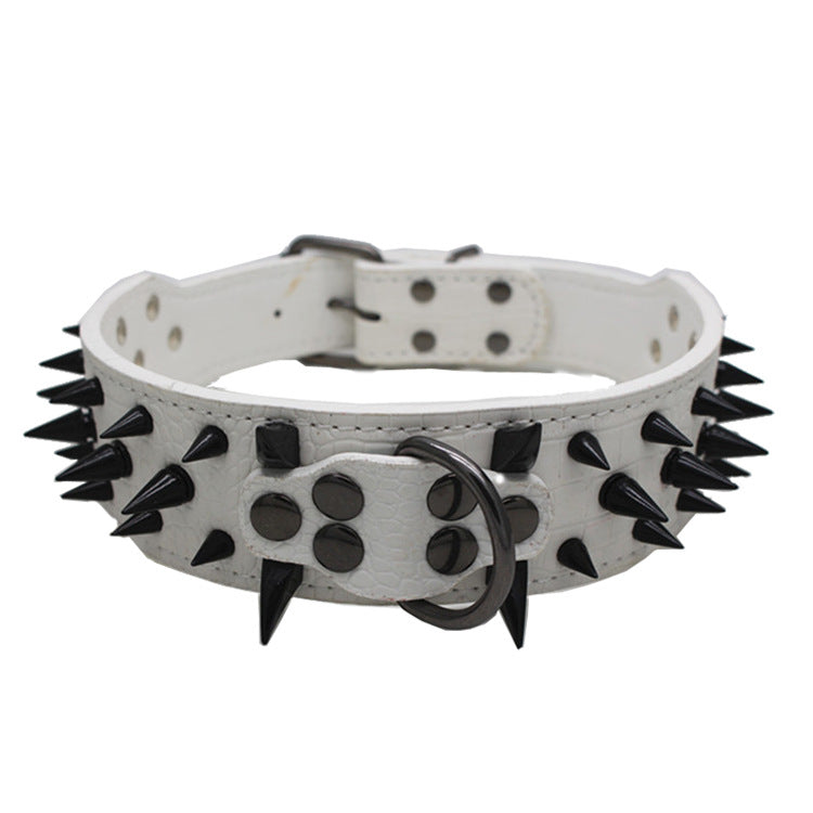 Reinforced Pet Collar in white textured PU with black studs, reinforced stitching, and a sturdy dark metal buckle