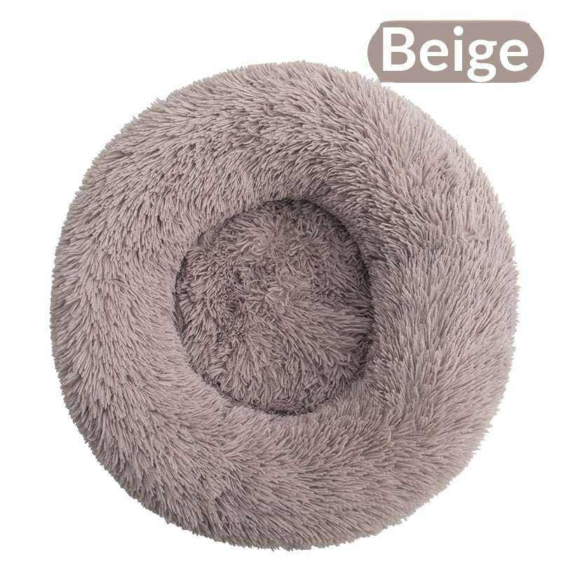 Removable And Washable Dog Bed in beige plush, featuring a round shape, deep cushioned center, and raised shaggy sides