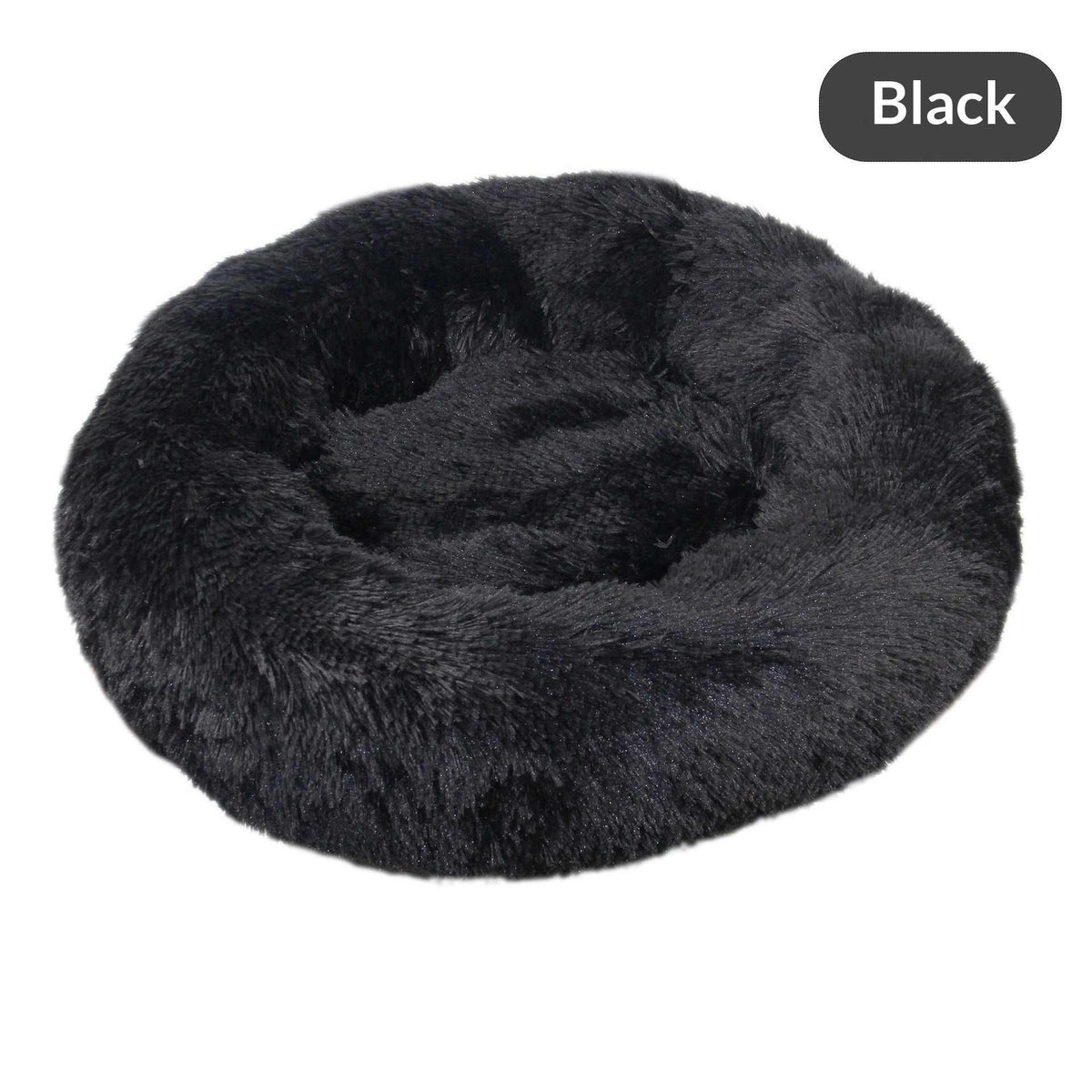 Removable And Washable Dog Bed in black plush, with a round shape, raised cushioned rim and soft indented center.