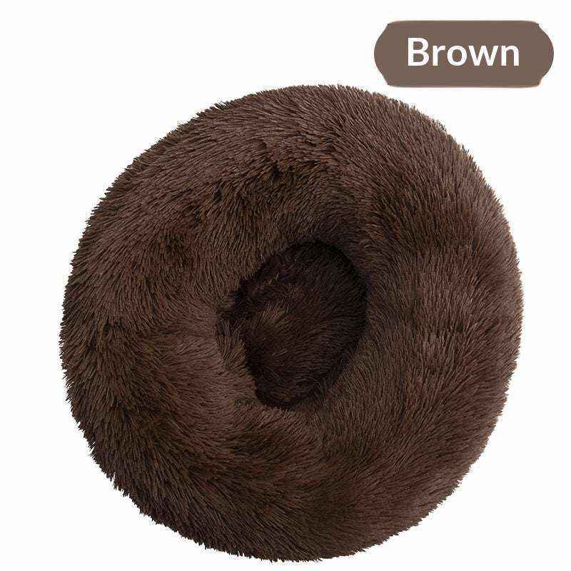 Removable And Washable Dog Bed in dark brown plush fur, featuring a round donut shape and raised cushioned rim