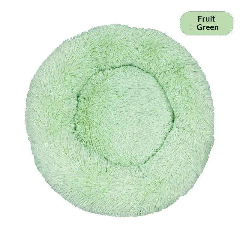 Removable And Washable Dog Bed in fruit green plush, featuring a round shaggy design with a raised cushioned rim and center.