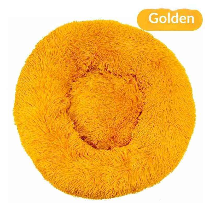 Removable And Washable Dog Bed in golden yellow plush with a shaggy, round nest shape and raised cushioned rim