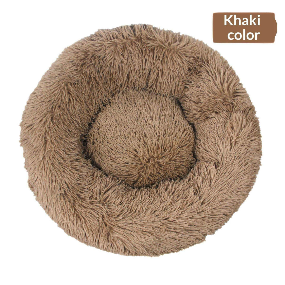 Removable And Washable Dog Bed in khaki plush, with a round shape, raised shaggy sides and a cushioned center
