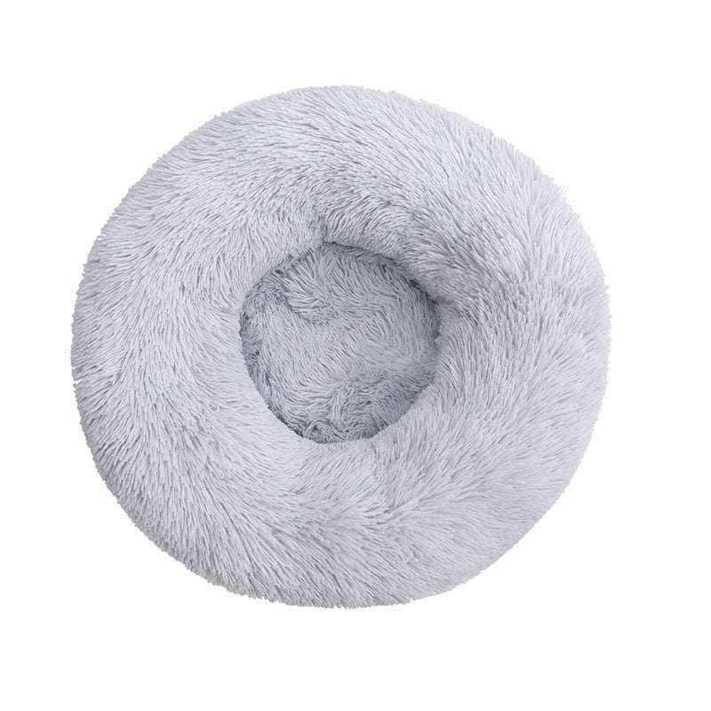 Removable And Washable Dog Bed in light gray plush, with a round cushioned shape and raised bolster rim
