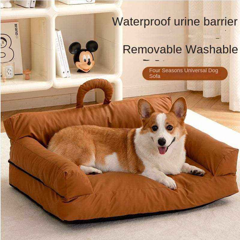 Removable & Washable Pet Bed in warm brown fabric, with raised cushioned sides and a small dog resting inside