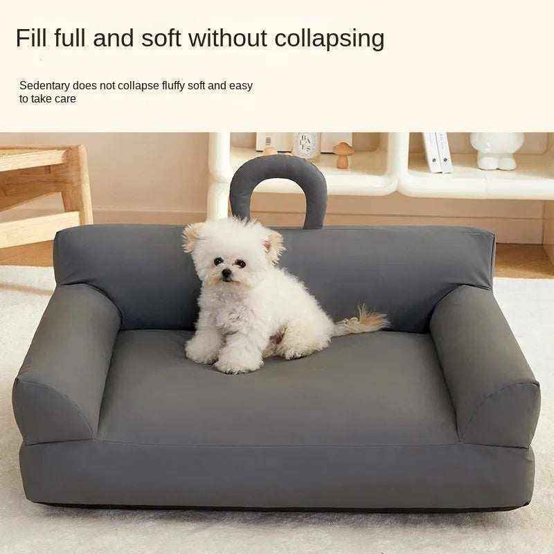 Removable & Washable Pet Bed in charcoal gray fabric with a plush sofa shape, raised bolsters, and a padded backrest