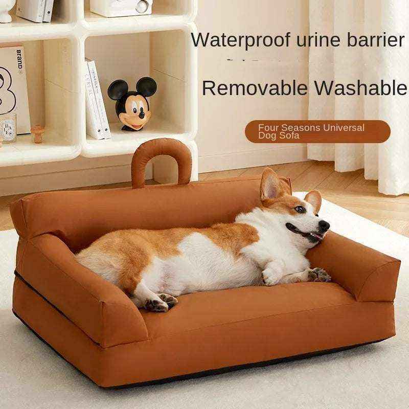 Removable & Washable Pet Bed in rust-brown fabric with raised padded sides, a backrest, and a corgi resting inside