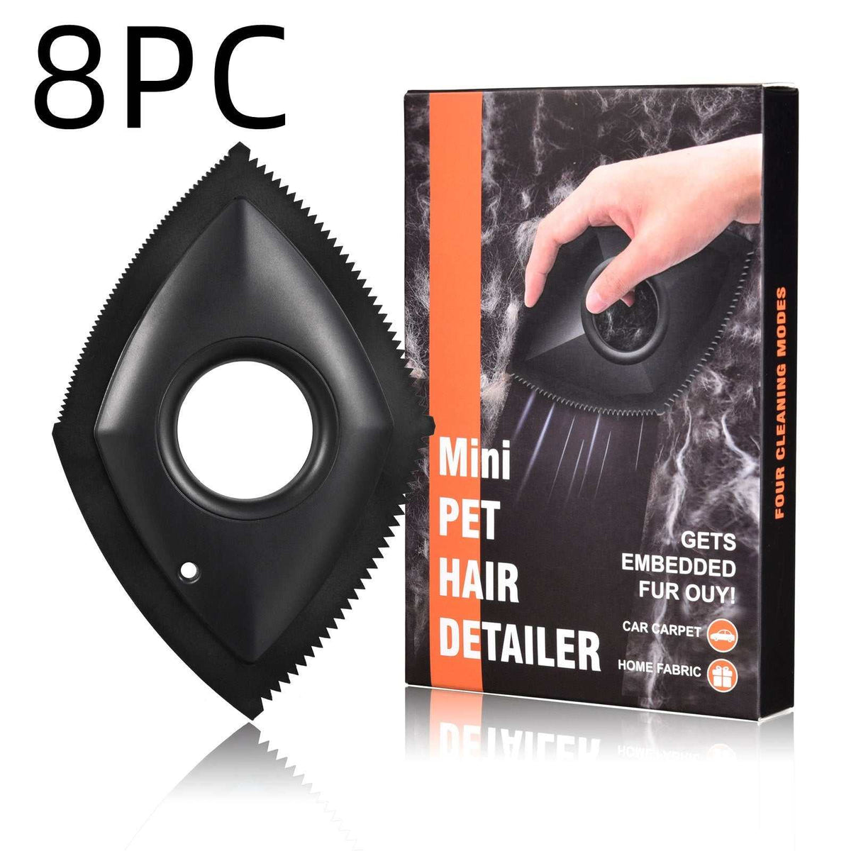 Reusable Pet Hair Remover, black diamond-shaped detailing tool with a central grip hole and serrated edges, shown with its box