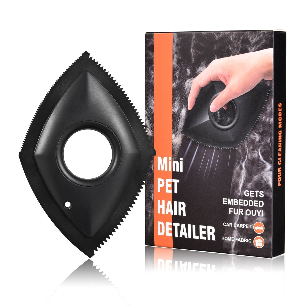 Reusable Pet Hair Remover, black diamond-shaped rubber scraper with serrated edges and a round finger hole