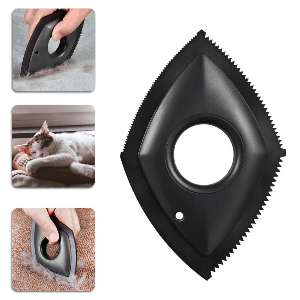 Reusable Pet Hair Remover, black diamond-shaped scraper with a circular finger hole and serrated edges