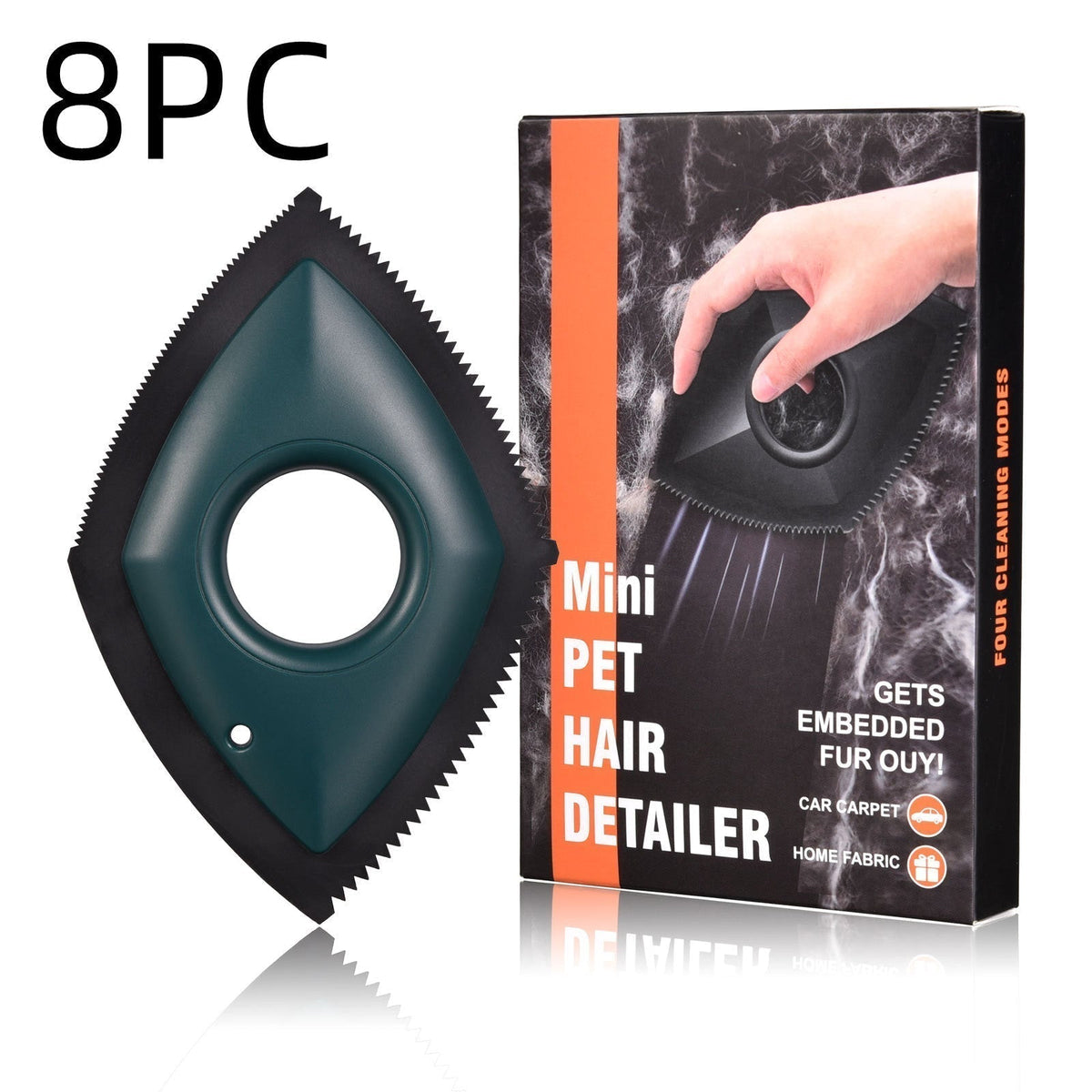 Reusable Pet Hair Remover in dark teal and black, with a diamond-shaped toothed edge and central finger hole