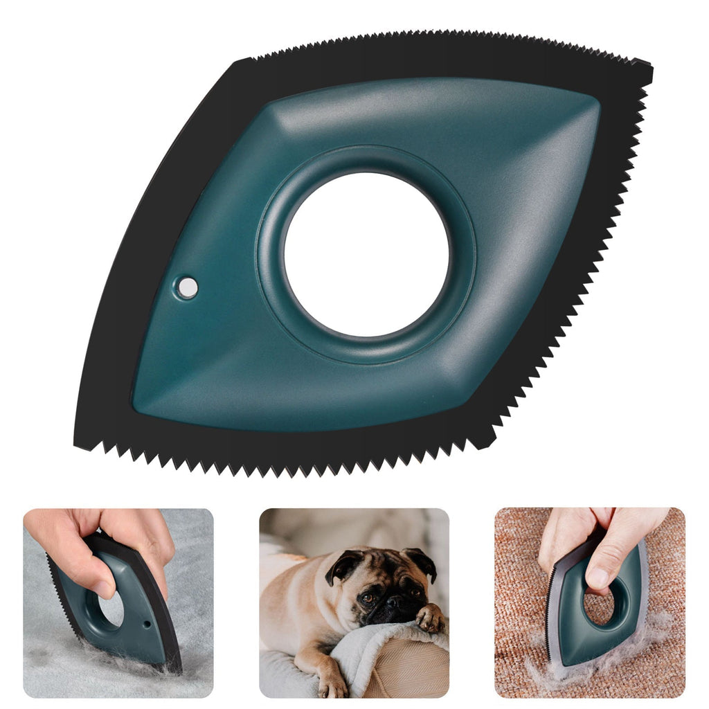 Reusable Pet Hair Remover with a dark teal rubber body, serrated black edges, and a circular finger grip for cleaning fabric