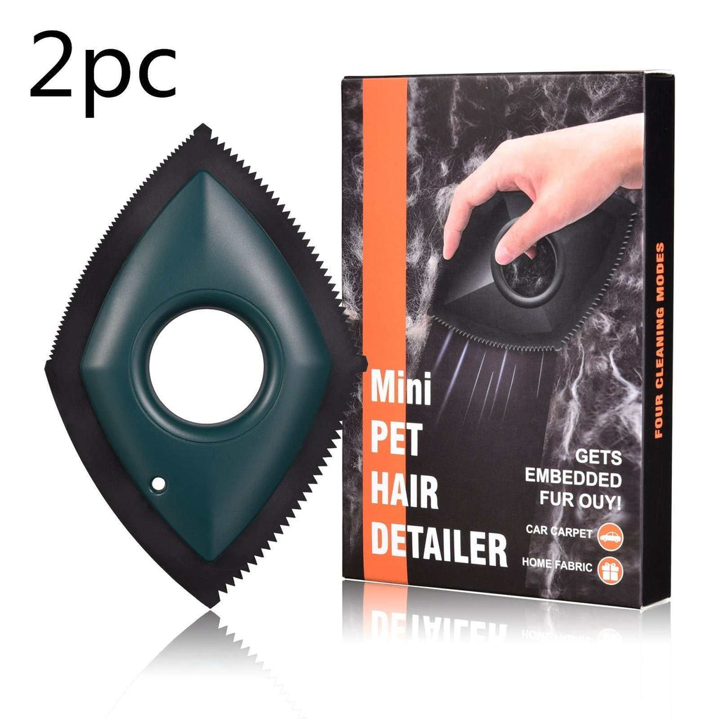 Reusable Pet Hair Remover, two dark teal diamond-shaped rubber tools with serrated edges and a central grip hole, shown beside retail packaging