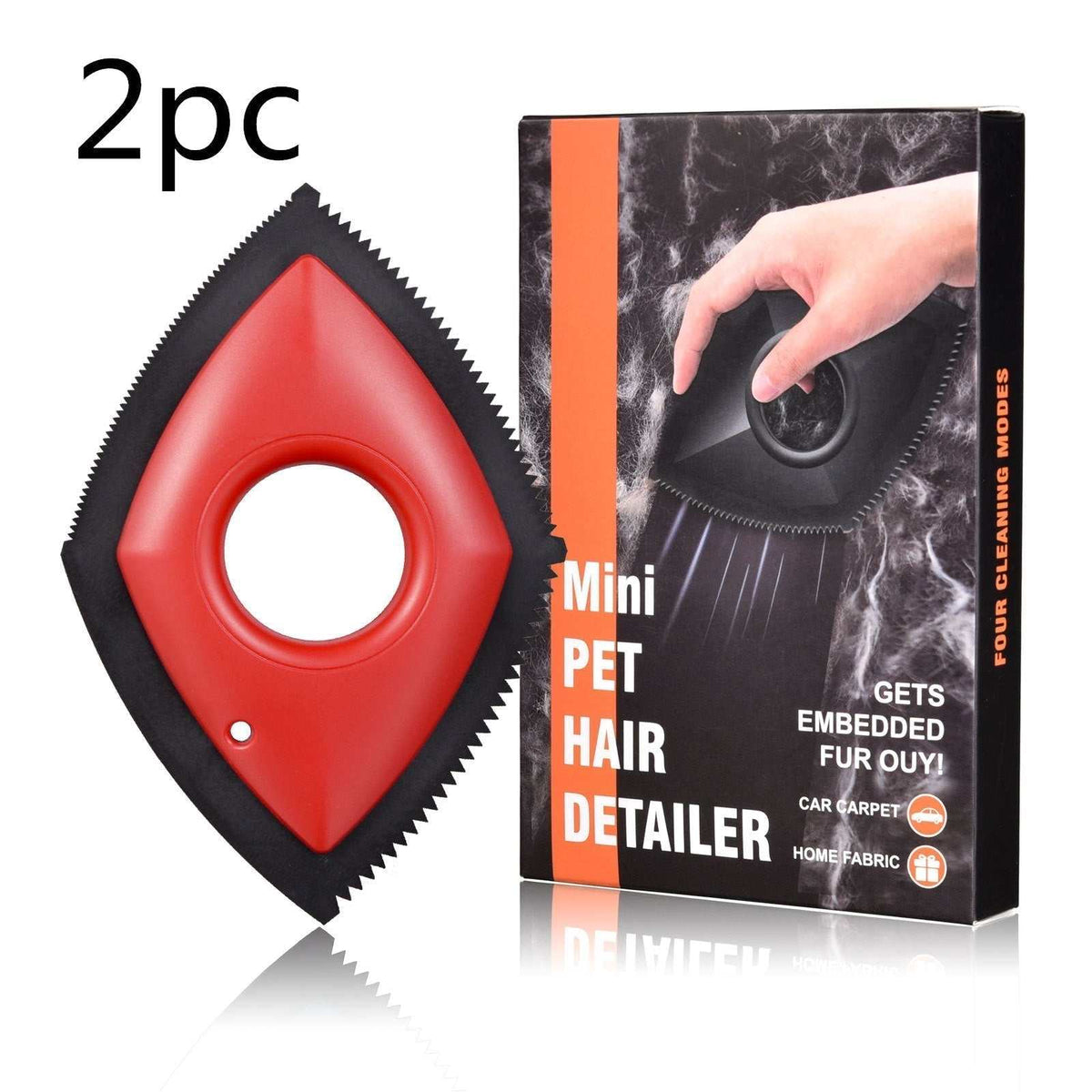 Reusable Pet Hair Remover in red and black with a diamond-shaped handle, serrated edges, and circular grip opening